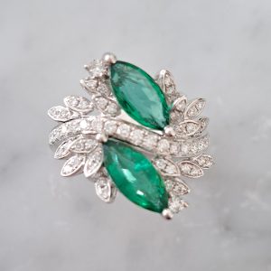 Marquise Emerald and Diamond Two Stone Cluster Dress Ring