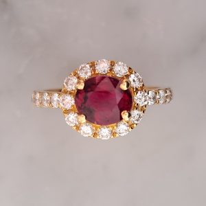 1.53ct No Heat Burma Ruby and Diamond Cluster Engagement Ring in 18ct Yellow Gold