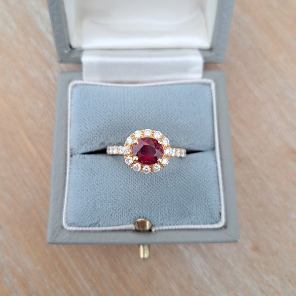 1.53ct Burma Ruby and Diamond Cluster Engagement Ring in 18ct Yellow Gold