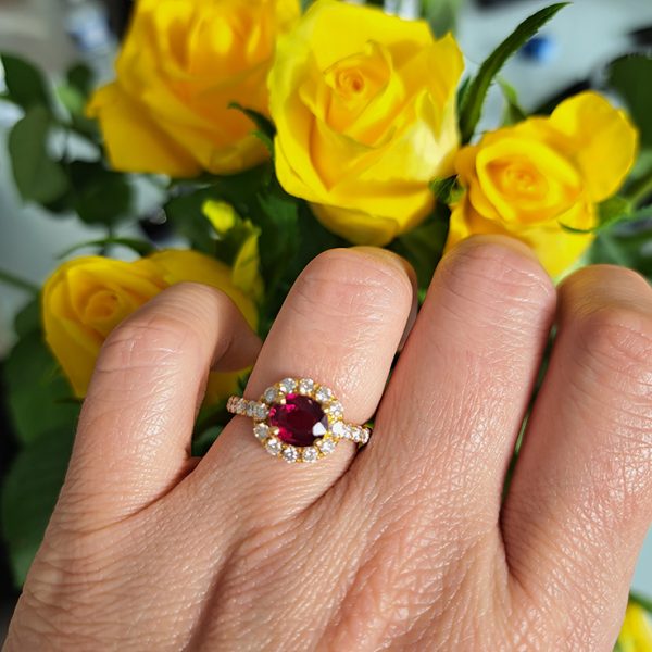 1.53ct Burma Ruby and Diamond Cluster Engagement Ring in 18ct Yellow Gold