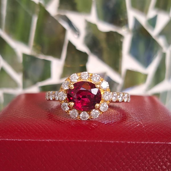 1.53ct Burma Ruby and Diamond Cluster Engagement Ring in 18ct Yellow Gold