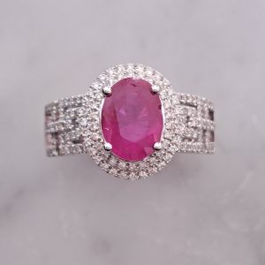 2.54ct Oval Burma Ruby and Diamond Cluster Dress Ring in 18ct White Gold