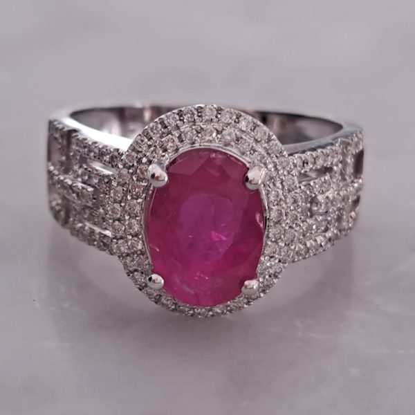 2.54ct Burma Ruby and Double Diamond Cluster Dress Ring on 18ct white gold openwork geometric band studded with sparkling diamonds