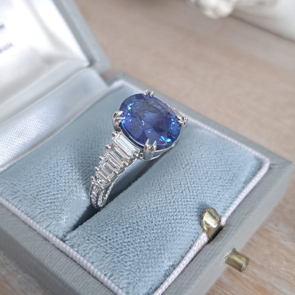 5.56ct Oval Sri Lanka Sapphire Solitaire Engagement Ring with Baguette Diamond Shoulders