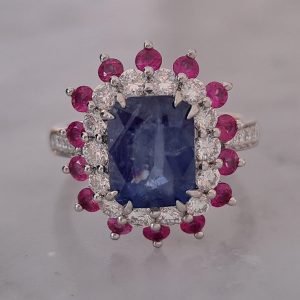 3.73cts Sri Lanka Sapphire Ruby and Diamond Cluster Dress Ring