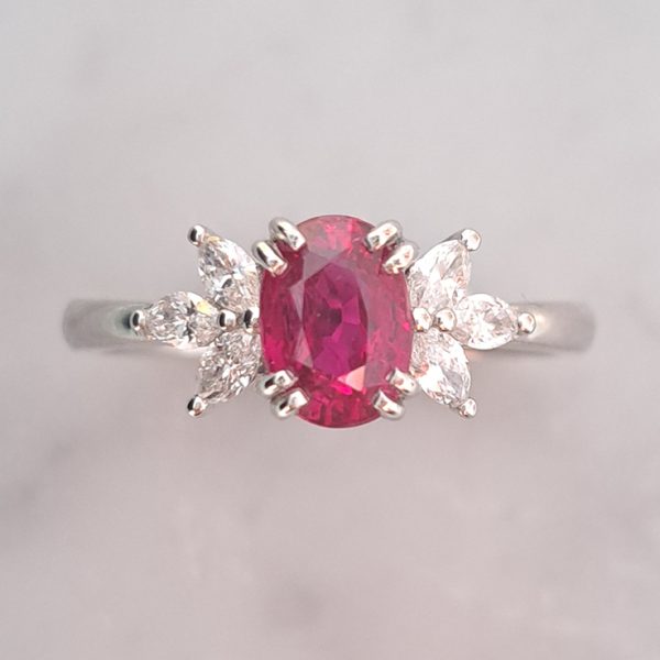 1.13ct Natural No Heat Ruby and Marquise Diamond Engagement Ring, oval 1.13ct natural untreated ruby flanked either side by three marquise-cut diamonds in platinum