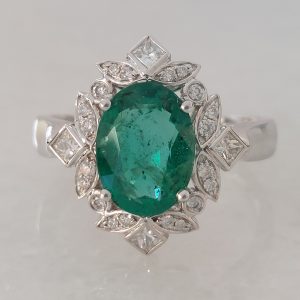 David Jerome 2.14ct Oval Zambian Emerald and Diamond Floral Cluster Ring