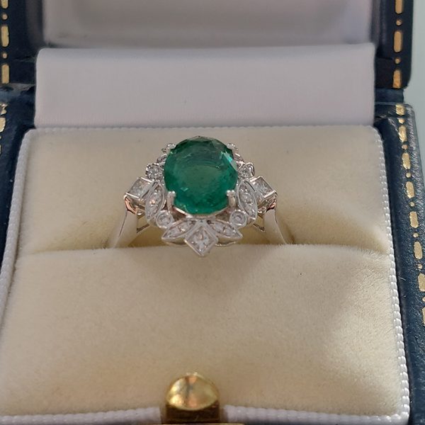 2.14ct Oval Zambian Emerald and Diamond Floral Cluster Ring