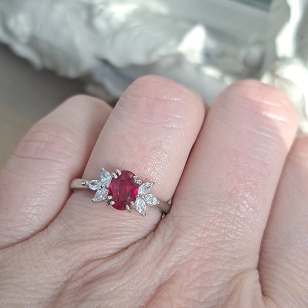 1.13ct Natural No Heat Ruby and Marquise Diamond Engagement Ring in Platinum