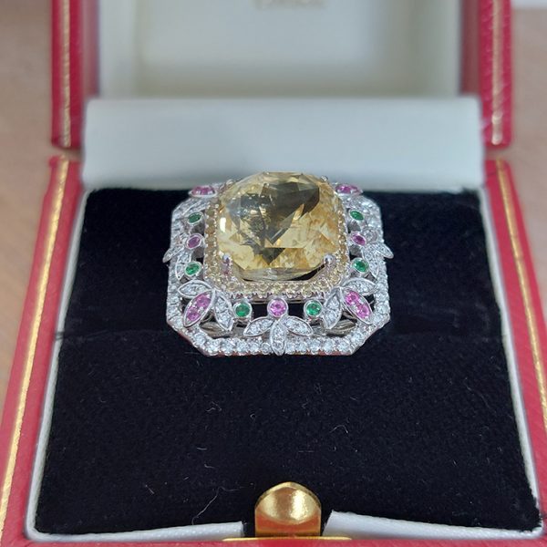 8.15ct Octagonal Step Cut No Heat Yellow Sapphire and Diamond Cluster Dress Ring with Emeralds and Pink Sapphires