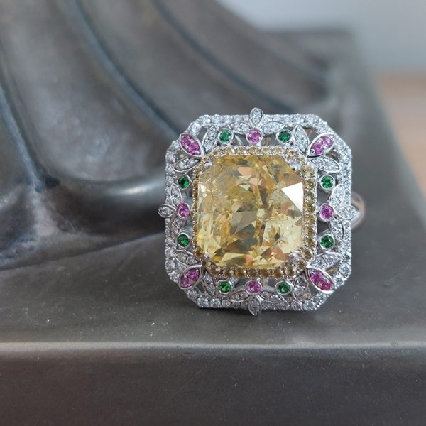8.15ct Octagonal Step Cut No Heat Yellow Sapphire and Diamond Cluster Dress Ring with Emeralds and Pink Sapphires