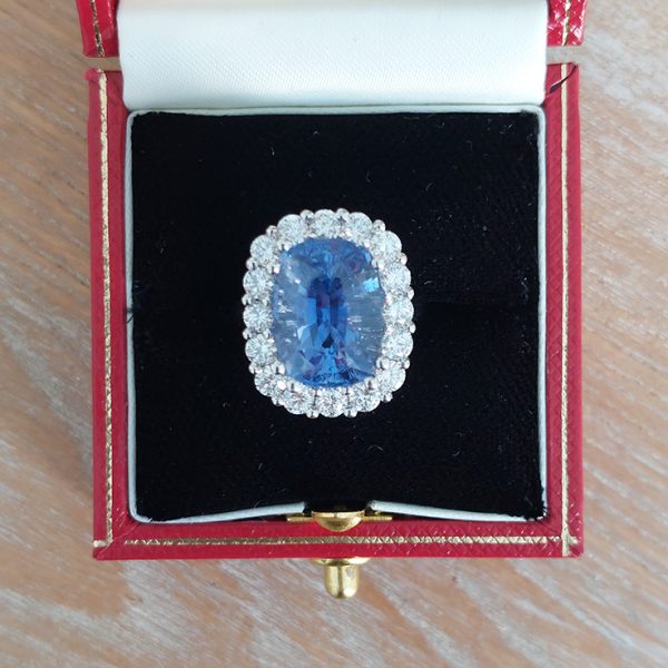 Certified 8.77ct Natural Sri Lanka No Heat Sapphire and Diamond Cluster Ring