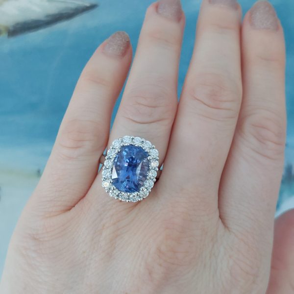 Certified 8.77ct Natural No Heat Sapphire and Diamond Cluster Ring