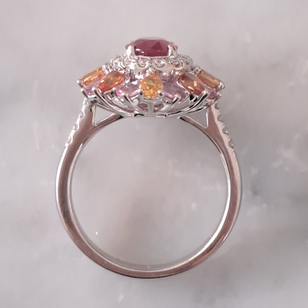 1.19ct Natural No Heat Ruby Sapphire and Diamond Cluster Dress Ring with pink purple orange sapphires