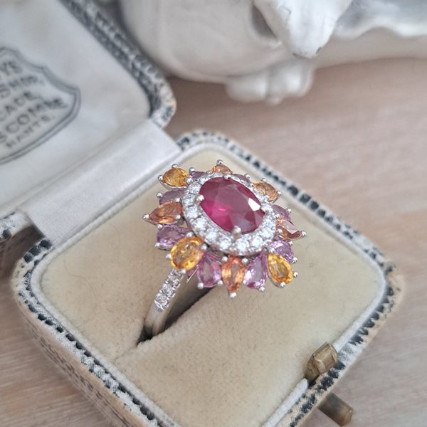 1.19ct Natural No Heat Ruby Sapphire and Diamond Cluster Dress Ring with pink purple orange sapphires