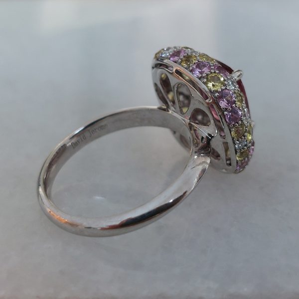 3.10ct Natural No Heat Padparadscha Sapphire Diamond Cluster Ring in Platinum, with diamonds yellow sapphires and pinks sapphires