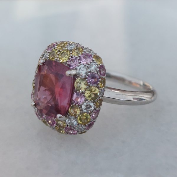 3.10ct Natural No Heat Padparadscha Sapphire Diamond Cluster Ring in Platinum, with diamonds yellow sapphires and pinks sapphires