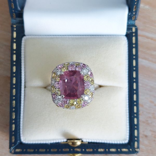 3.10ct Natural No Heat Padparadscha Sapphire Diamond Cluster Ring in Platinum, with diamonds yellow sapphires and pinks sapphires