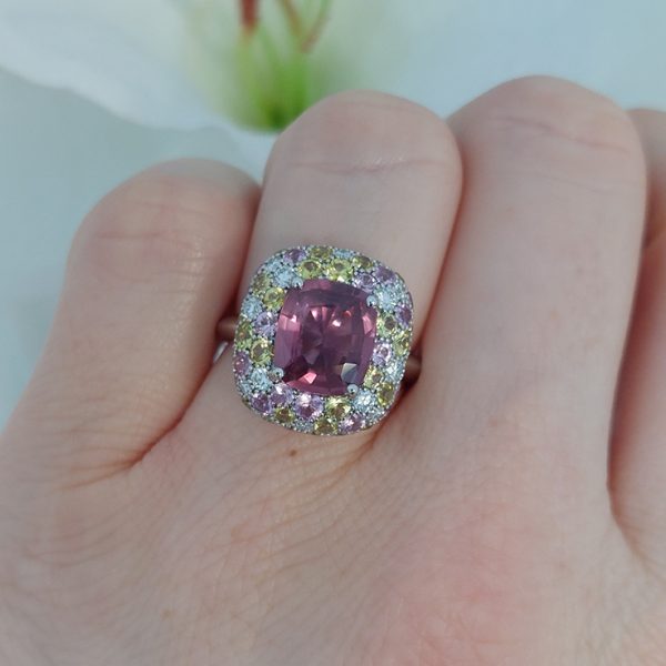 3.10ct Natural No Heat Padparadscha Sapphire Diamond Cluster Ring in Platinum, with diamonds yellow sapphires and pinks sapphires