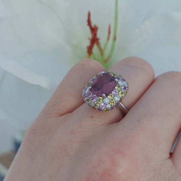 3.10ct Natural No Heat Padparadscha Sapphire Diamond Cluster Ring in Platinum, with diamonds yellow sapphires and pinks sapphires