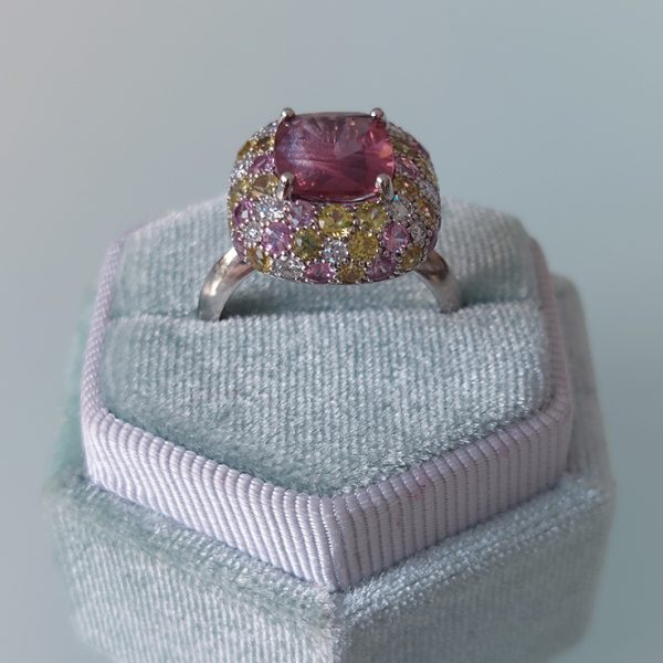 3.10ct Natural No Heat Padparadscha Sapphire Diamond Cluster Ring in Platinum, with diamonds yellow sapphires and pinks sapphires