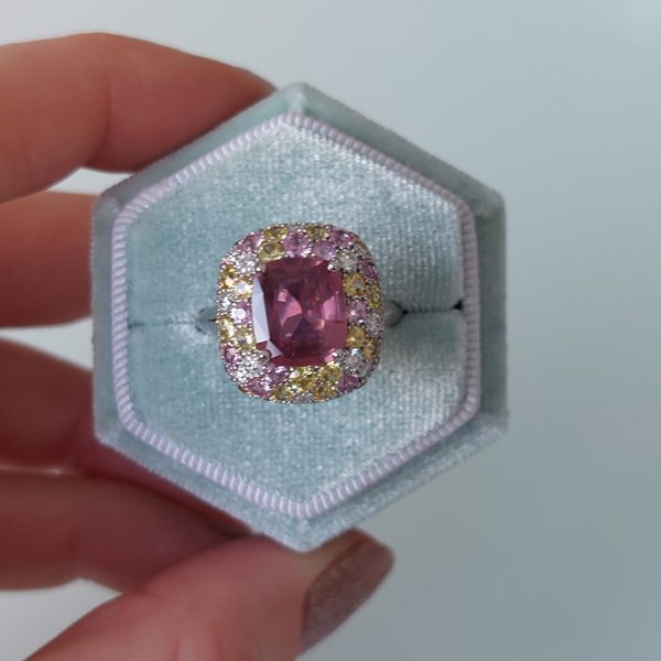 3.10ct Natural No Heat Padparadscha Sapphire Diamond Cluster Ring in Platinum, with diamonds yellow sapphires and pinks sapphires