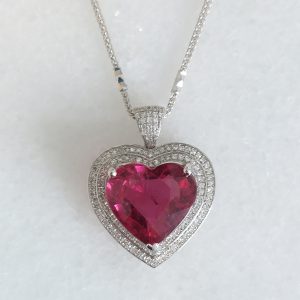 Heart Cut Rubellite Red Tourmaline and Diamond Cluster Pendant