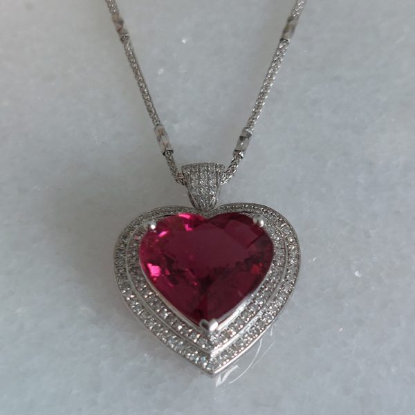 9.86ct Heart Cut Rubellite Red Tourmaline and Diamond Cluster Pendant Necklace