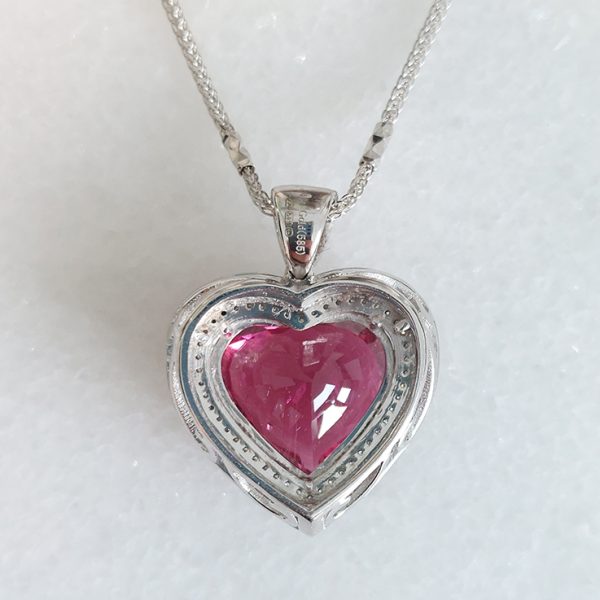 V9.86ct Heart Cut Rubellite Red Tourmaline and Diamond Cluster Pendant Necklace