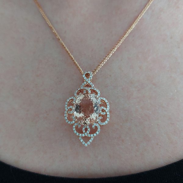 8.55ct Oval Morganite and Diamond Cluster Pendant Necklace in 18ct Rose Gold
