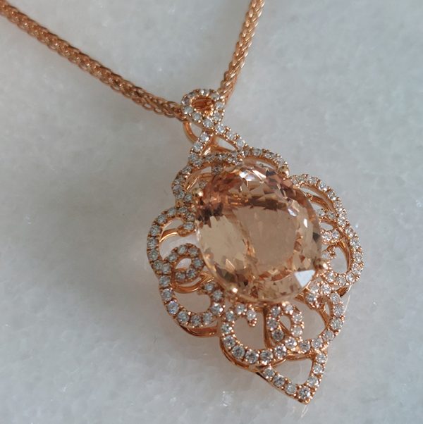 8.55ct Oval Morganite and Diamond Cluster Pendant Necklace in 18ct Rose Gold