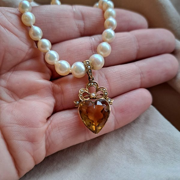 Vintage Pearl Necklace with Antique Edwardian Citrine Heart Pendant with Pearl Bow Top