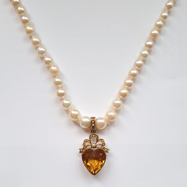 Vintage Pearl Necklace with Antique Edwardian Citrine Heart Pendant with Pearl Bow Top