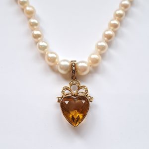 Vintage Pearl Necklace with Antique Citrine Heart Pendant