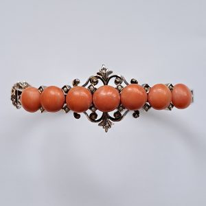 Antique Coral Bangle Bracelet with Pearls