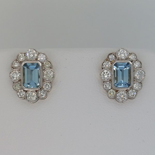 1ct Aquamarine and Diamond Cluster Stud Earrings