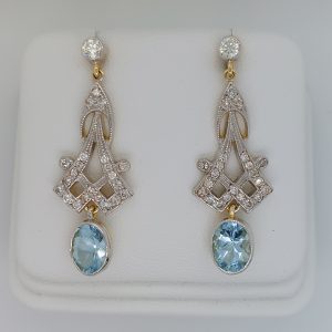 Decorative Aquamarine and Diamond Long Drop Earrings