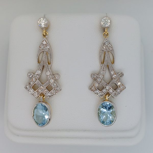 Decorative Pair of 2.10ct Aquamarine and Diamond Long Drop Earrings