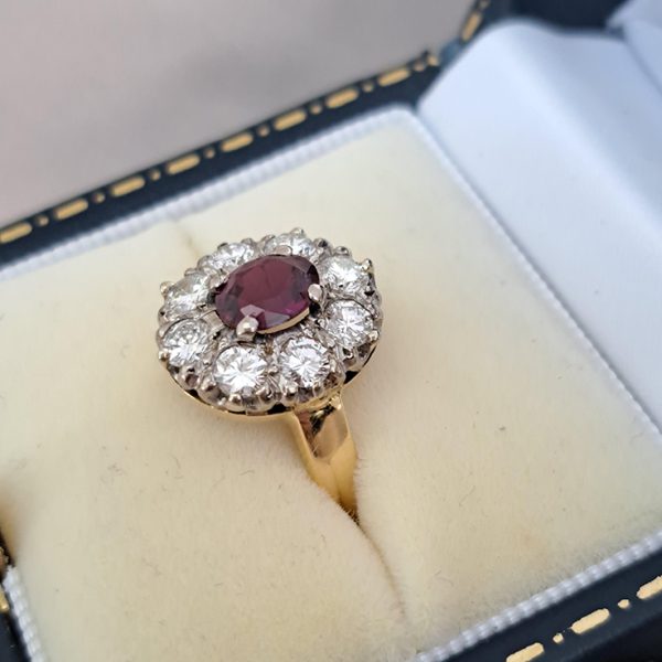 Vintage 1ct Ruby and Old Cut Diamond Cluster Ring