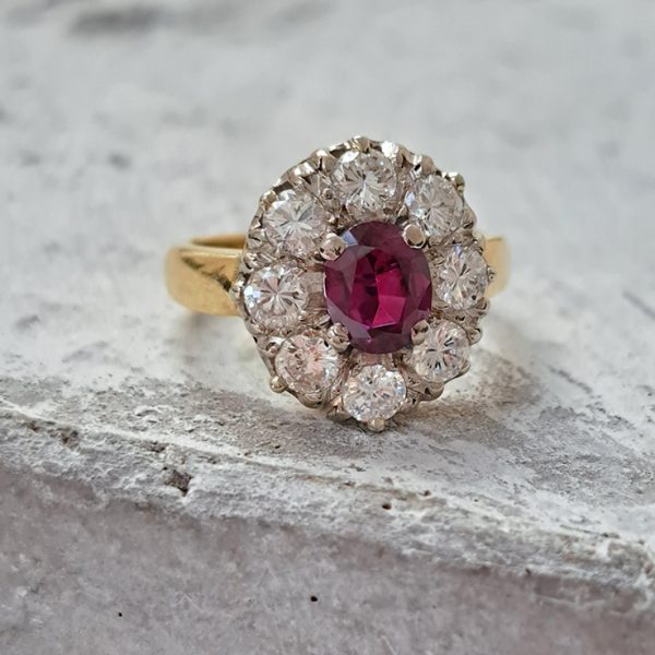 Vintage 1ct Ruby and Old Cut Diamond Cluster Ring