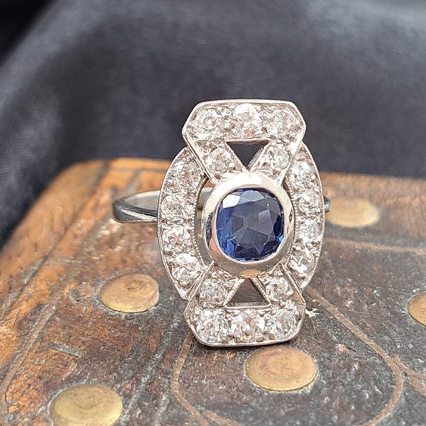 Late Art Deco Sapphire and Old Mine Cut Diamond Tablet Ring