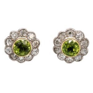 Edwardian 2.50ct Peridot and Diamond Cluster Stud Earrings