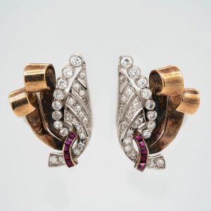Art Deco Diamond Ruby Gold Spray Earrings
