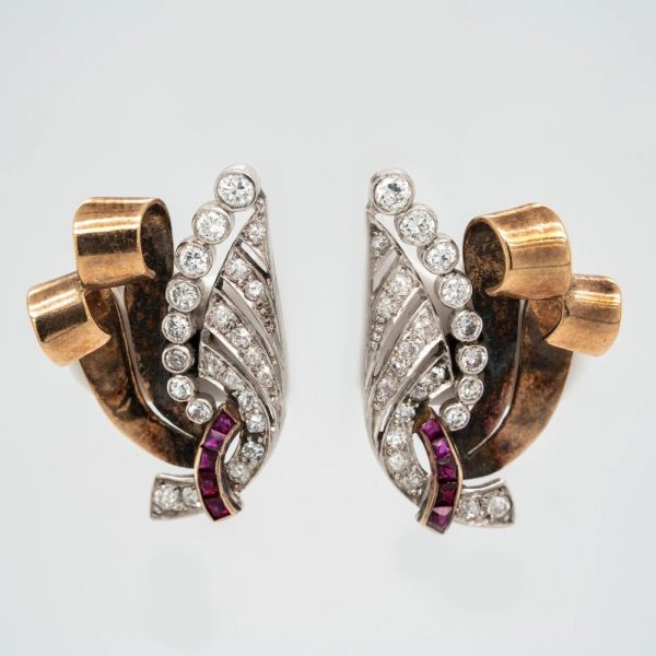 Late Art Deco Diamond Ruby Gold Wing Feather Spray Earrings
