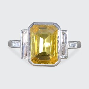Art Deco Inspired 2.05ct Yellow Sapphire and Baguette Diamond Engagement Ring in Platinum