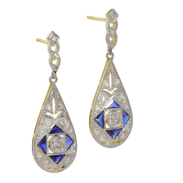 side Art Deco Sapphire and diamond drop earrings
