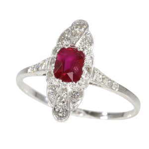 Art Deco Pigeon Blood Red Ruby and Diamond Navette Cluster Ring