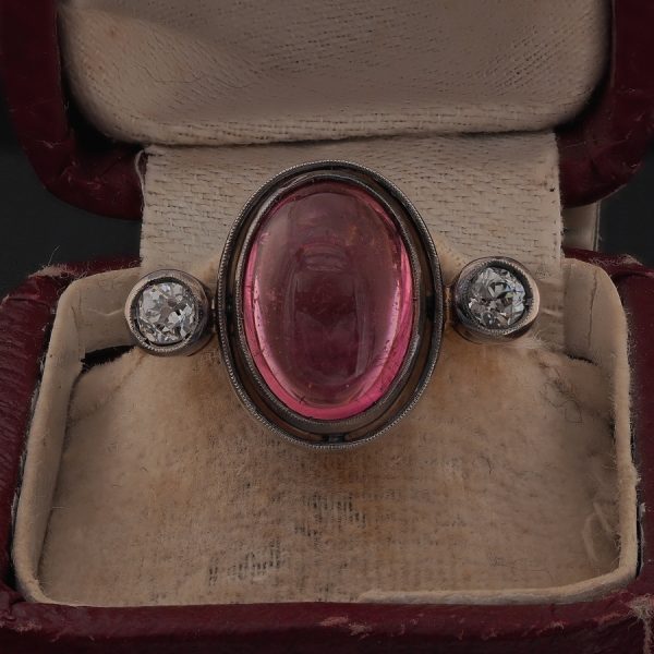Antique 6ct Cabochon Pink Tourmaline and Diamond Trilogy Three Stone Engagement Ring