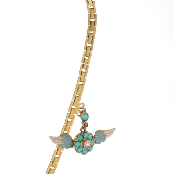 Antique Victorian 20ct Gold and Enamel Necklace with Diamond Turquoise Pink Tourmaline