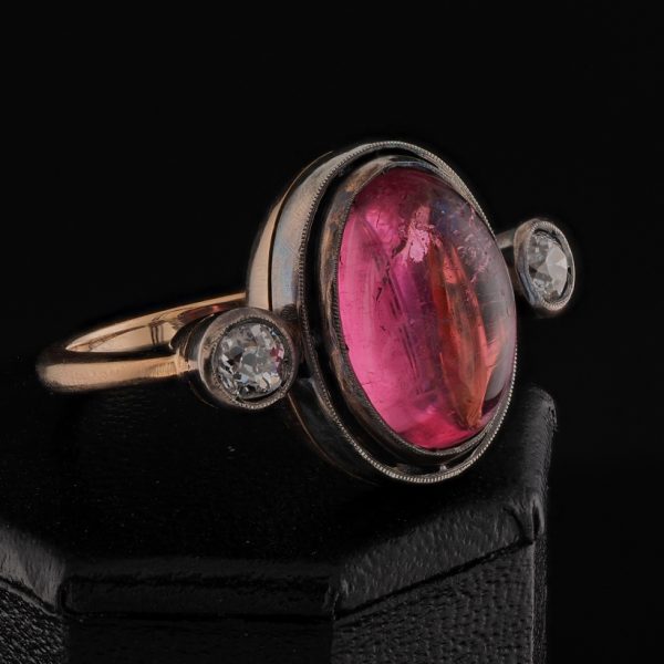 Antique 6ct Cabochon Pink Tourmaline and Old Mine Cut Diamond Trilogy Three Stone Engagement Ring